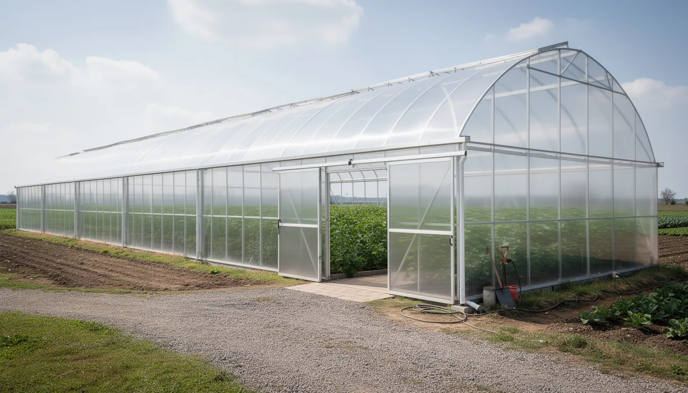 The image depicts a large polycarbonate greenhouse featuring a solid foundation and double doors, designed for optimal temperature control and light exposure, making it perfect for growing a diverse range of plants, including vegetables and flowers. The structure showcases a modern design with toughened panels, ideal for gardeners looking to cultivate in a low-maintenance environment.