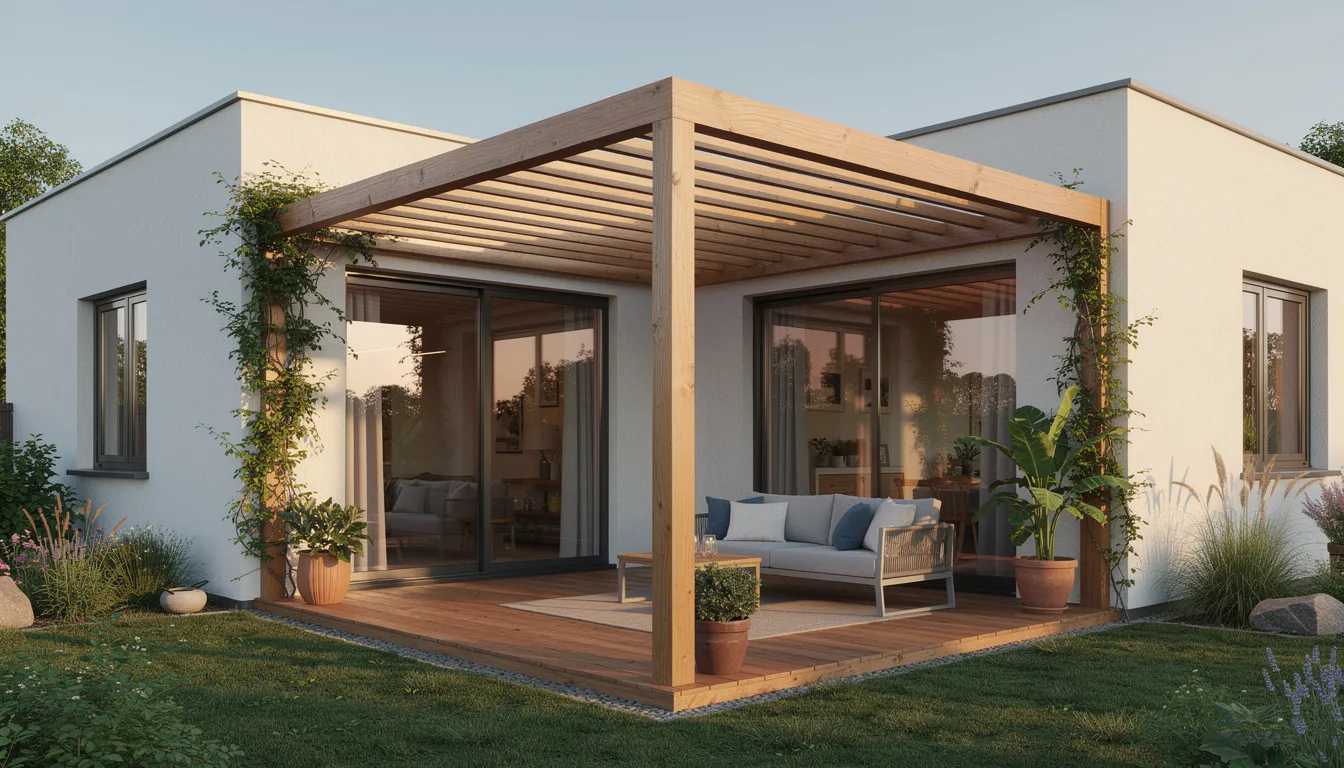 The image features a charming wooden corner pergola made from pressure treated timber, designed to create an enchanting focal point in an outdoor space. Its strong and sturdy structure, complemented by horizontal slatted beams, provides an ideal spot for climbing plants and enhances the natural beauty of the garden.