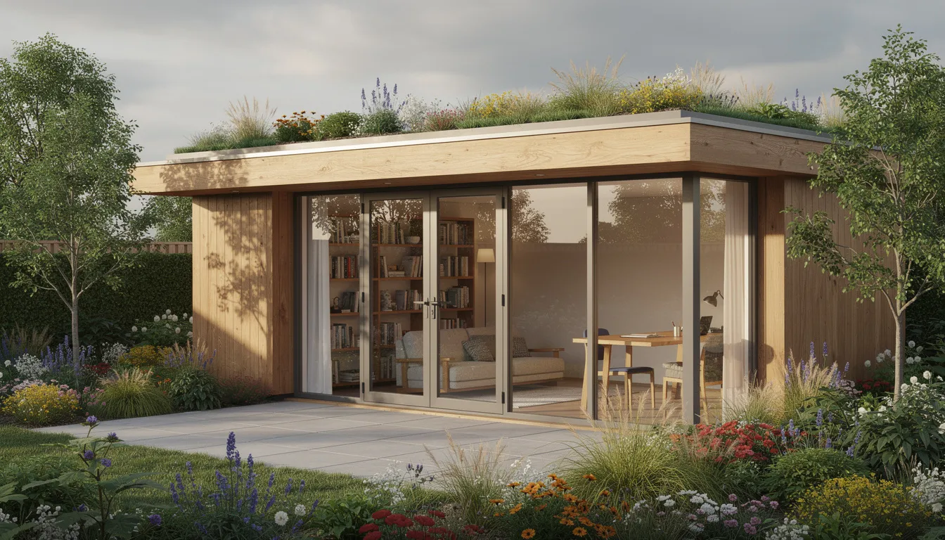 The image showcases a beautifully constructed garden room building, featuring large windows that allow natural light to fill the interior space. This versatile outdoor space serves as a perfect solution for a garden office or hobby room, enhancing the backyard with its high-quality materials and stylish design.