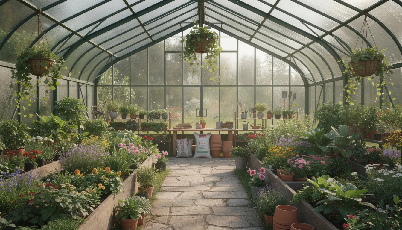 The image features a large garden greenhouse made of toughened glass, showcasing a diverse range of plants, including flowers and vegetables, thriving inside. The structure has double doors for easy access and is designed to provide optimal temperature control, making it a perfect greenhouse for gardeners.