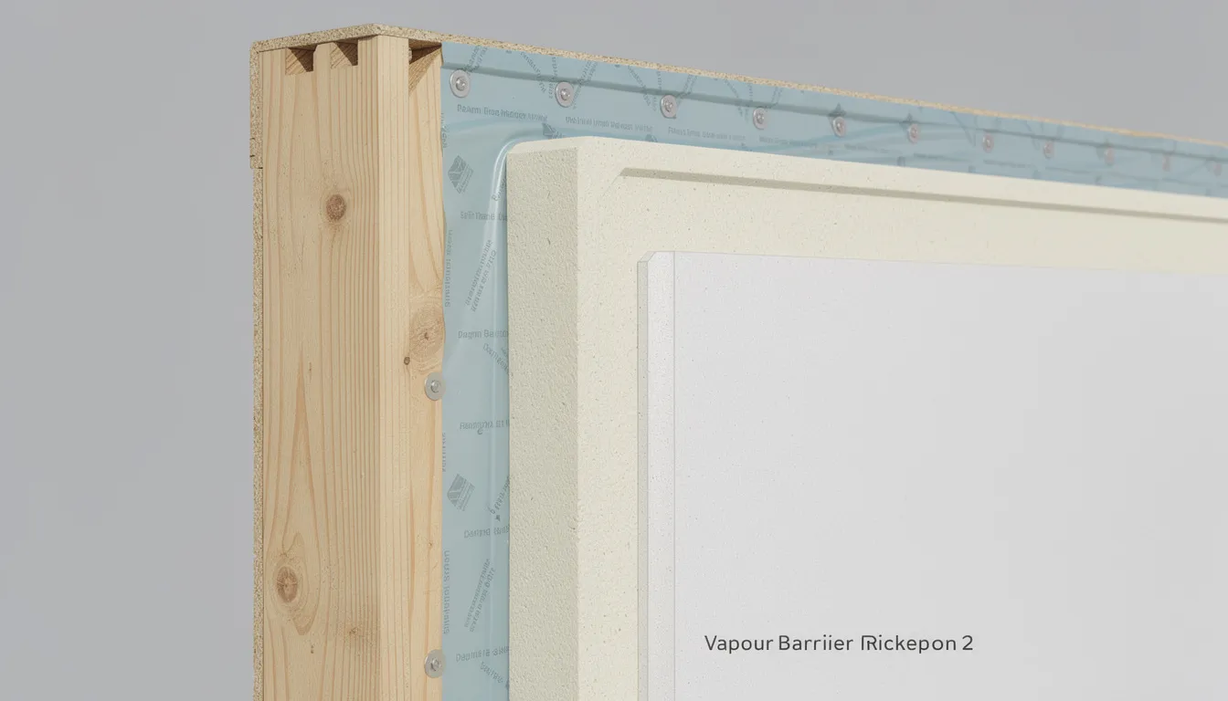 A close-up view of a garden room wall section reveals the timber frame structure, layered with rigid insulation boards and a vapour barrier, showcasing the premium materials used for building bespoke garden rooms in Scotland. This image highlights the quality construction features that enhance the durability and low maintenance of garden rooms for year-round use.