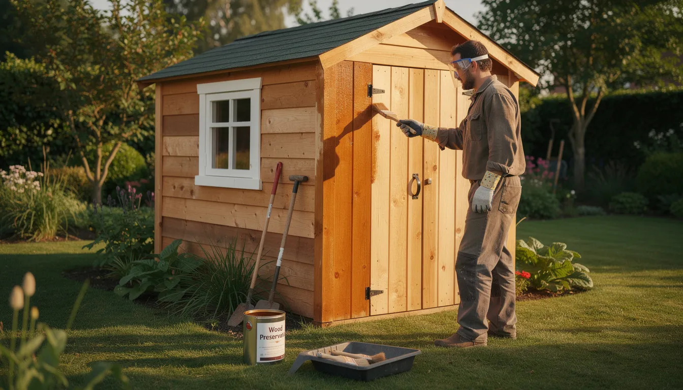 A person is applying wood preservative treatment to the exterior of a wooden garden shed, ensuring its durability and protection against the elements. The shed, likely a new garden shed, showcases quality craftsmanship and is part of a larger collection of high-quality garden buildings available in St Helens, Merseyside.