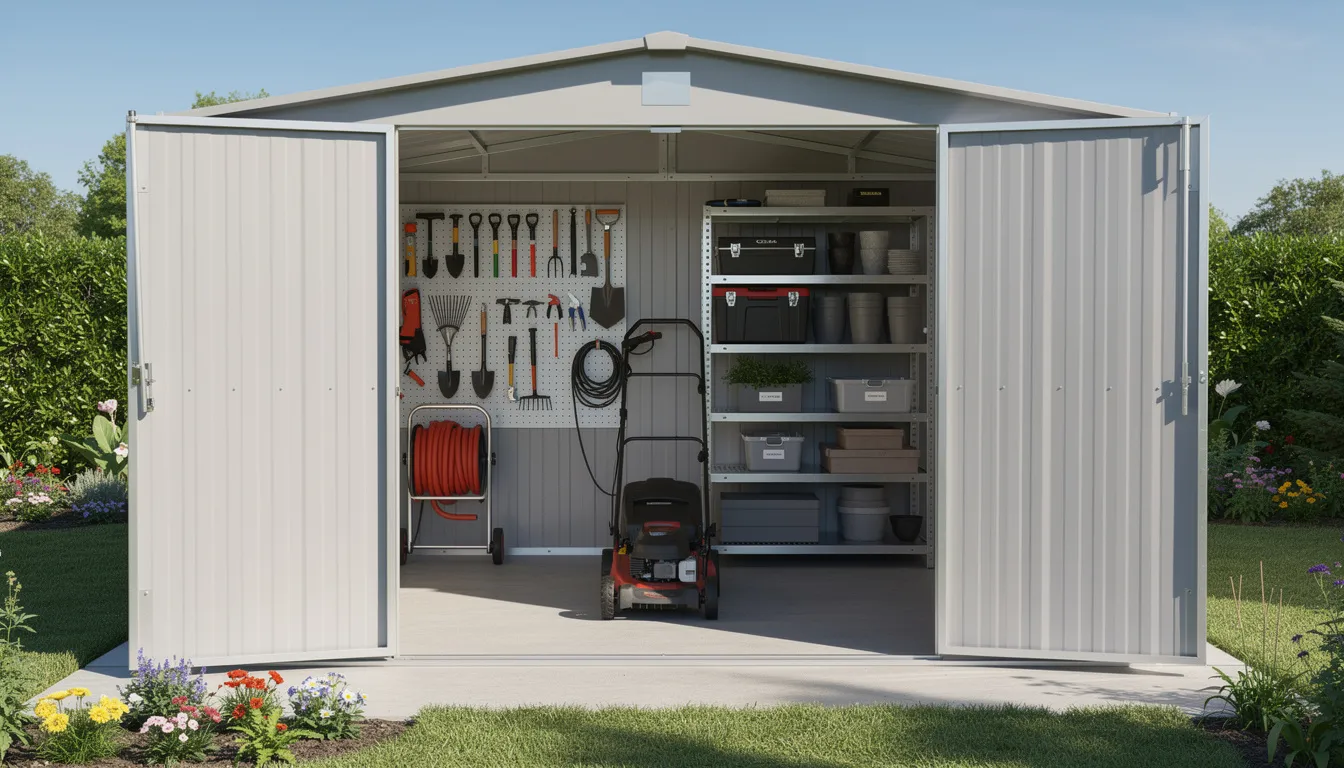 A metal garden shed with open double doors reveals a well-organized interior filled with tools and storage solutions. This high-quality garden shed, perfect for any outdoor space, showcases the convenience of efficient tool management.