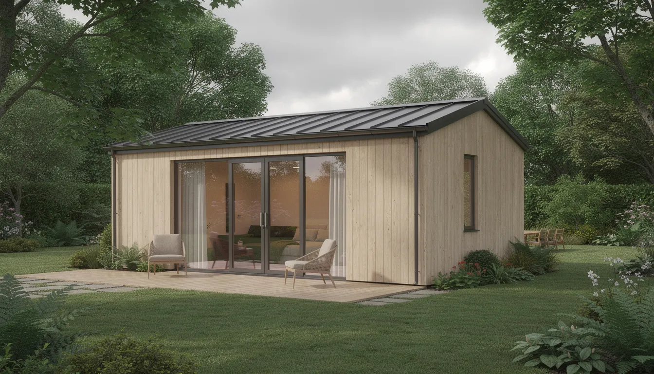 A modern insulated garden room features large glass doors, nestled in a lush Scottish garden with a green lawn and mature trees, providing extra space for relaxation or a garden office. This bespoke structure is designed for year-round use, showcasing premium materials and low maintenance, perfect for enjoying nature with family and friends.
