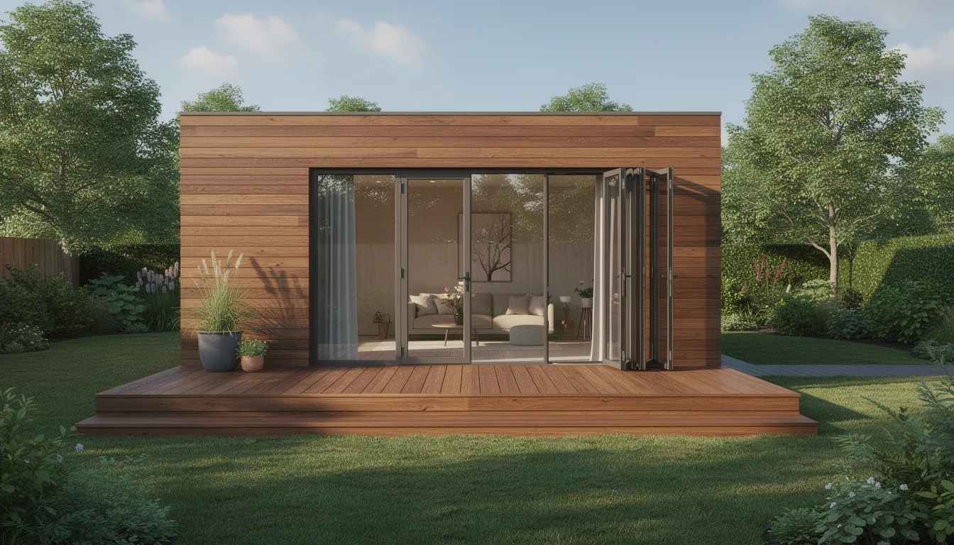 The image shows an exterior view of a modern garden room featuring ThermoWood timber cladding and large bi-fold doors that open onto a spacious decking area, perfect for year-round use. This bespoke garden room, built with premium materials, enhances the outdoor space and offers a stylish retreat for relaxation or entertaining friends and family.