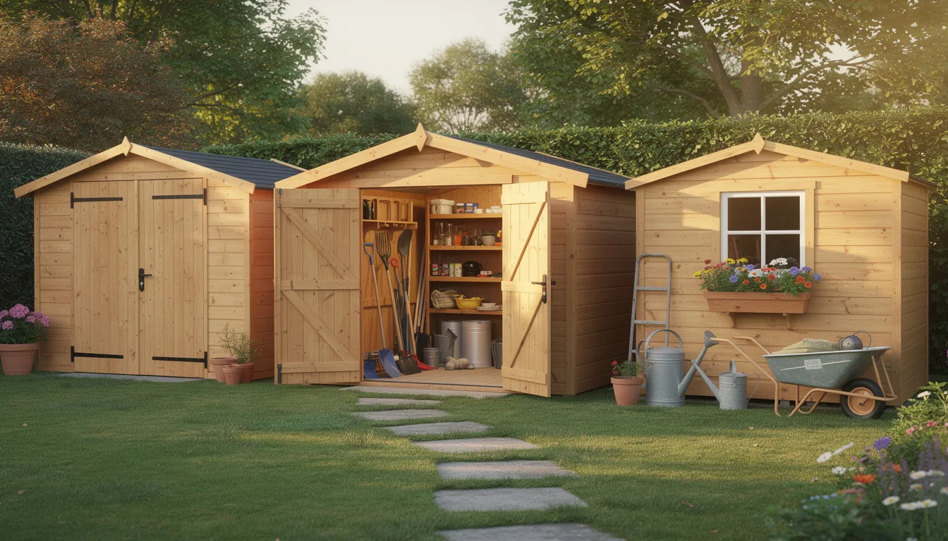 The image features a row of wooden garden sheds, showcasing a variety of styles and sizes suitable for outdoor storage and garden tools. These sturdy garden buildings are made from quality timber, designed to be weather resistant and low maintenance, perfect for enhancing any outdoor space.