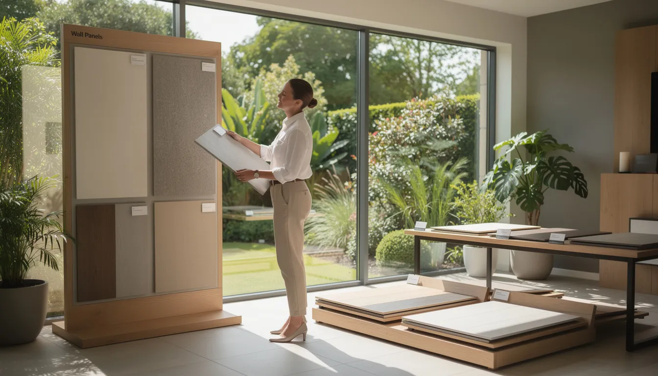 A customer is thoughtfully examining a variety of wall panels and flooring samples inside a modern garden room showroom, surrounded by displays showcasing bespoke garden rooms designed for year-round use. The atmosphere is inviting, reflecting the quality and premium materials used by garden room builders in Scotland.