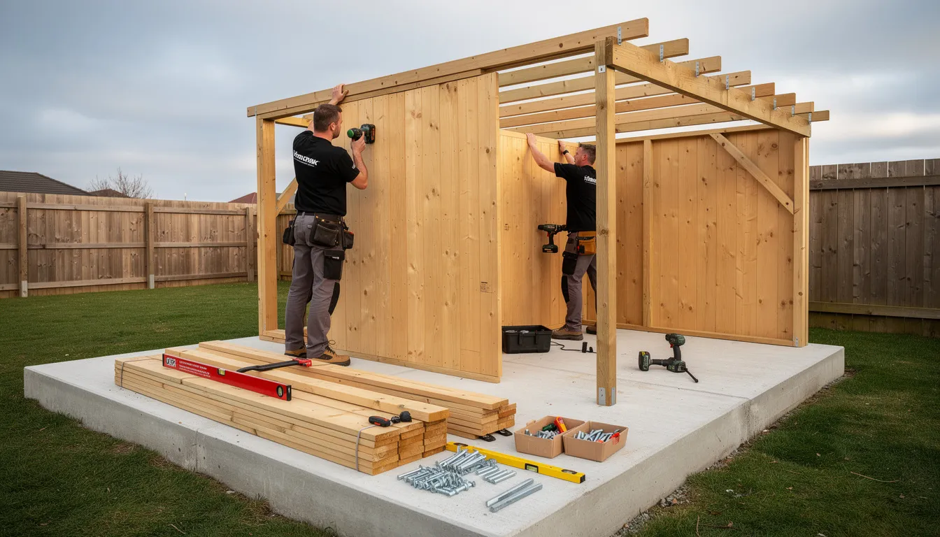 A team of professional installers is seen carefully assembling a brand new wooden garden shed on a solid concrete base, showcasing their expertise in creating high-quality garden buildings. The shed features tongue and groove cladding and is part of a range of garden sheds for sale, emphasizing the craftsmanship and attention to detail provided by local shed specialists in St Helens, Merseyside.