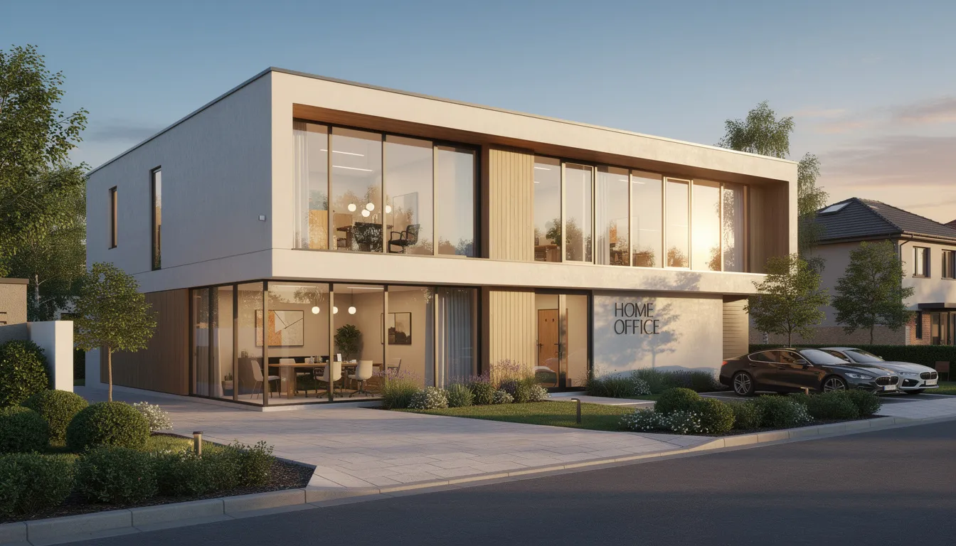 The image depicts a modern home office building designed as a modular office space, showcasing its sleek lines and efficient use of space. This cost-effective structure offers flexibility and potential for business expansion, ideal for creating a productive work environment.