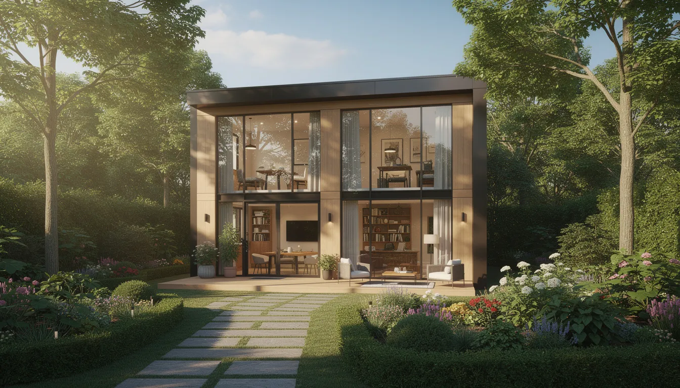 The image depicts a modern garden office building, showcasing a cost-effective modular design surrounded by greenery. This office space offers flexibility and potential for businesses looking to expand in a serene environment.