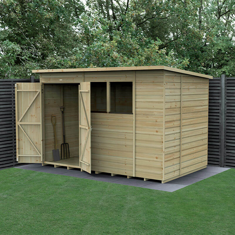 10' x 6' Forest Beckwood 25yr Guarantee Shiplap Pressure Treated Double Door Pent Wooden Shed (3.11m x 2.05m) - Next Working Day Delivery