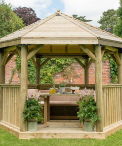 12'x10' (3.6x3.1m) Luxury Wooden Furnished Garden Gazebo with Traditional Timber Roof - Seats up to 10 people