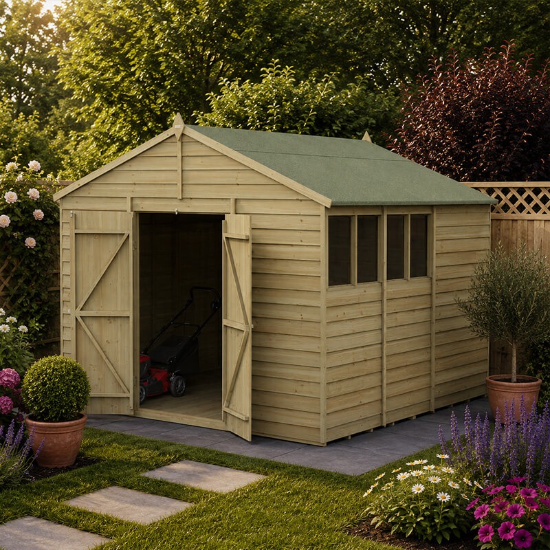 10' x 10' Forest 4Life 25yr Guarantee Overlap Pressure Treated Double Door Apex Wooden Shed (3.21m x 3.01m)