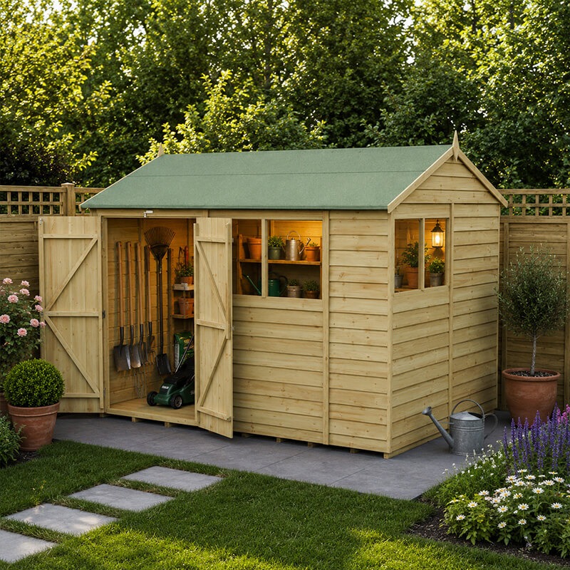 10' x 8' Forest 4Life 25yr Guarantee Overlap Pressure Treated Double Door Reverse Apex Wooden Shed - 4 Windows (3.01m x 2.61m)