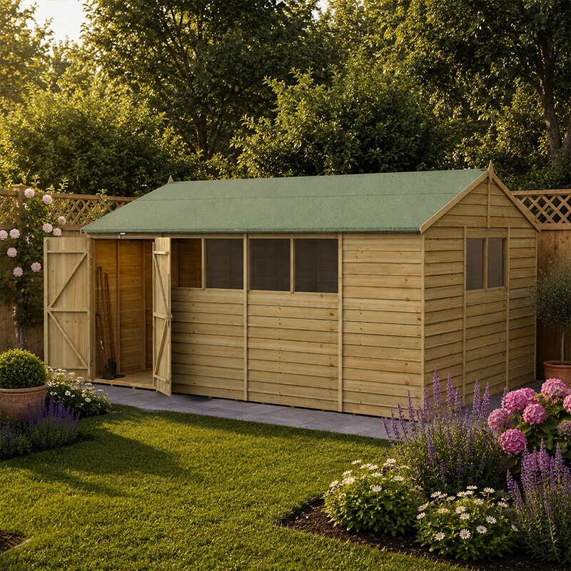 15' x 10' Forest 4Life 25yr Guarantee Overlap Pressure Treated Double Door Apex Wooden Shed - 6 Windows (4.48m x 3.21m)