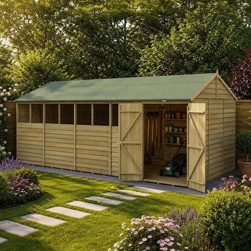 20' x 10' Forest 4Life 25yr Guarantee Overlap Pressure Treated Double Door Reverse Apex Wooden Shed - 8 Windows (5.96m x 3.21m)