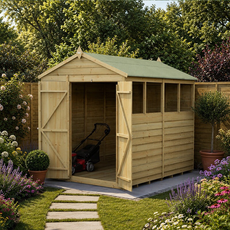 8' x 6' Forest 4Life 25yr Guarantee Overlap Pressure Treated Double Door Apex Wooden Shed - 4 Windows (2.42m x 1.99m)