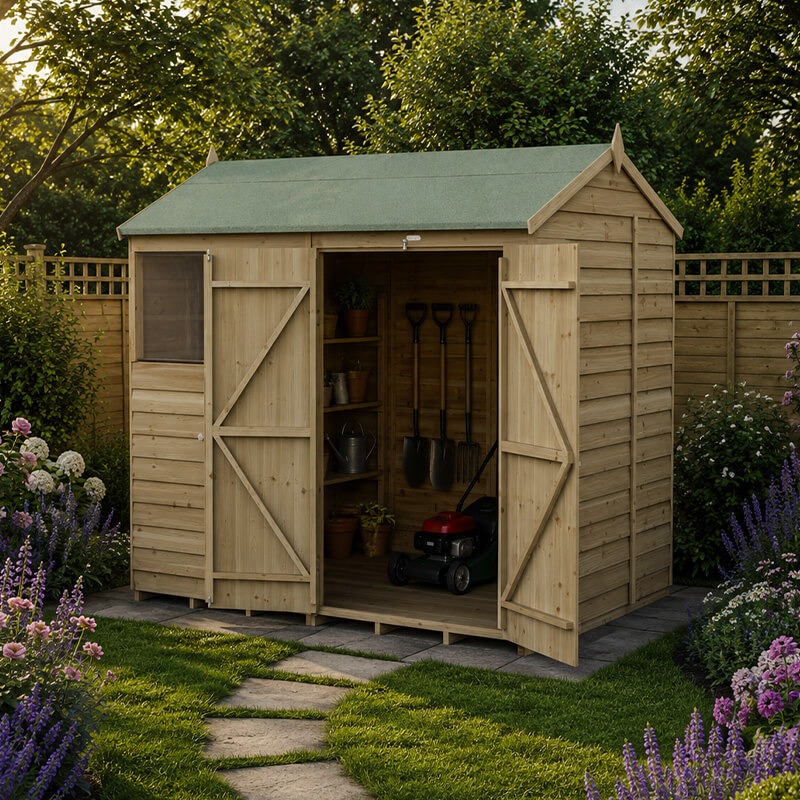 8' x 6' Forest 4Life 25yr Guarantee Overlap Pressure Treated Double Door Reverse Apex Wooden Shed (2.42m x 1.99m)