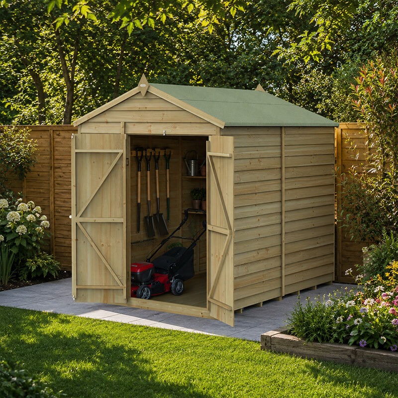 8' x 6' Forest 4Life 25yr Guarantee Overlap Pressure Treated Windowless Double Door Apex Wooden Shed (2.42m x 1.99m)