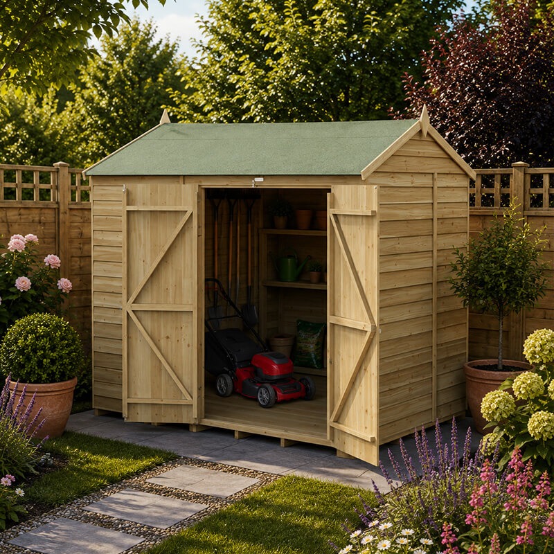 8' x 6' Forest 4Life 25yr Guarantee Overlap Pressure Treated Windowless Double Door Reverse Apex Wooden Shed (2.42m x 1.99m)